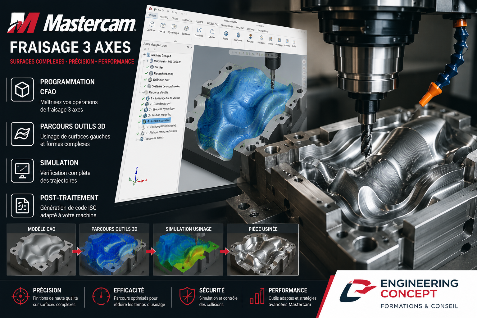 Formation Mastercam 3 axes – CFAO, fraisage CNC, parcours outils, simulation